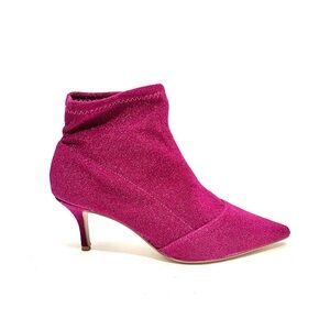 Vintage Y2K fuchsia lamé fabric pointed toe stiletto heel stretchy sock booties